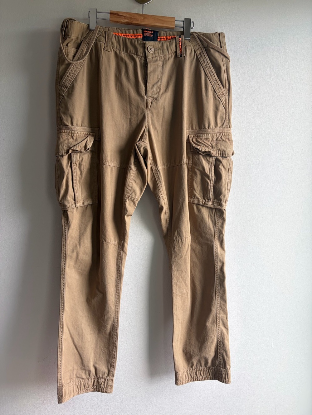 Superdry Men's Khaki Cargo Pants with Orange Trim